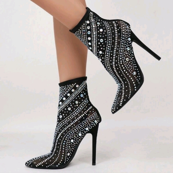 Sexy Nightclub Catwalk Super HighHeel Pointed Toe Rhinestone Elastic Fitted Boot - Picture 1 of 6
